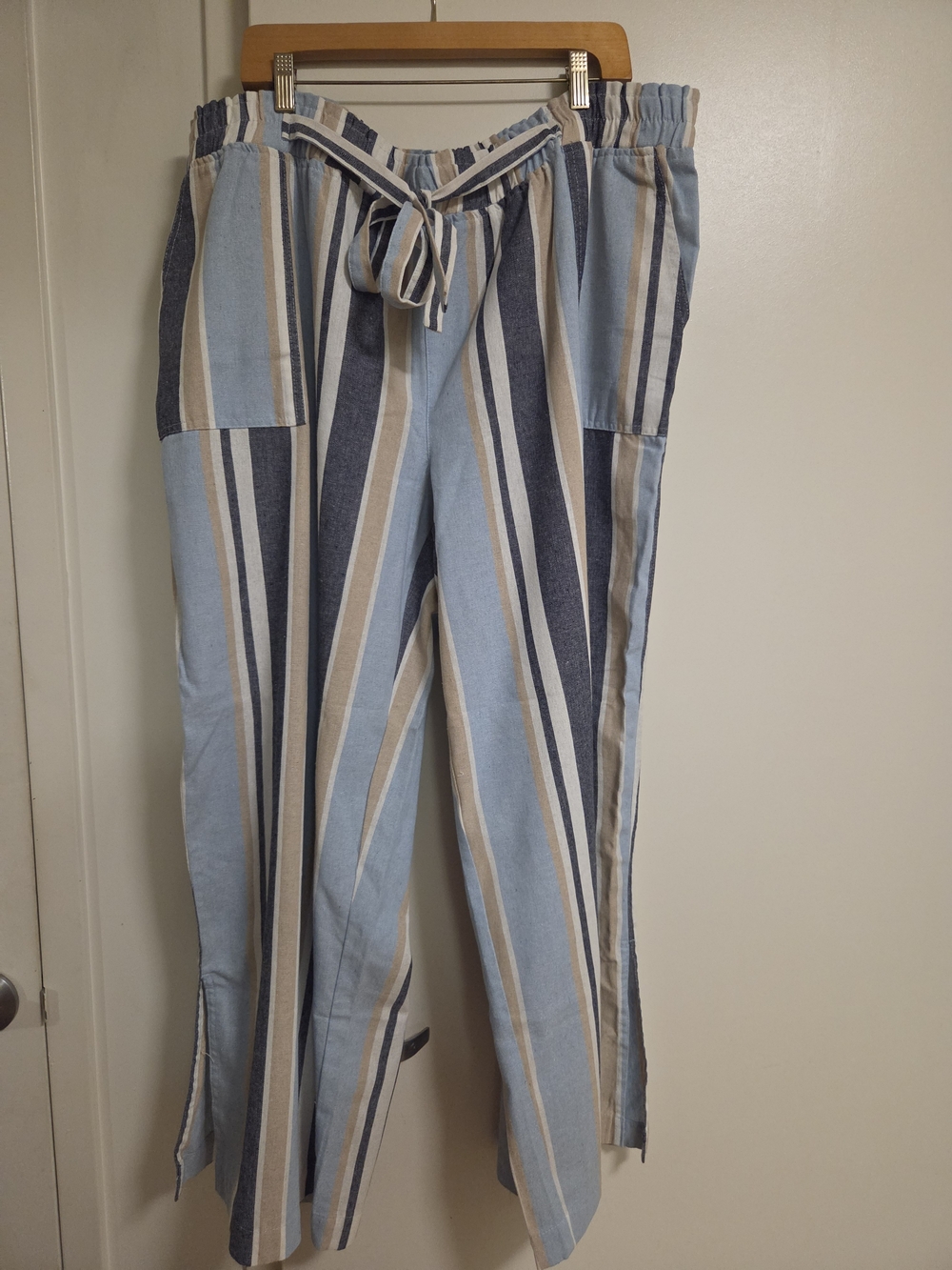 Striped Linen Paperbag Waist Pants - Light Blue & Beige